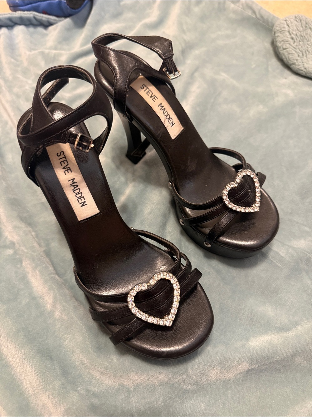 Rare Steve Madden Black Rhinestone Heart Ankle-Strap High Heels